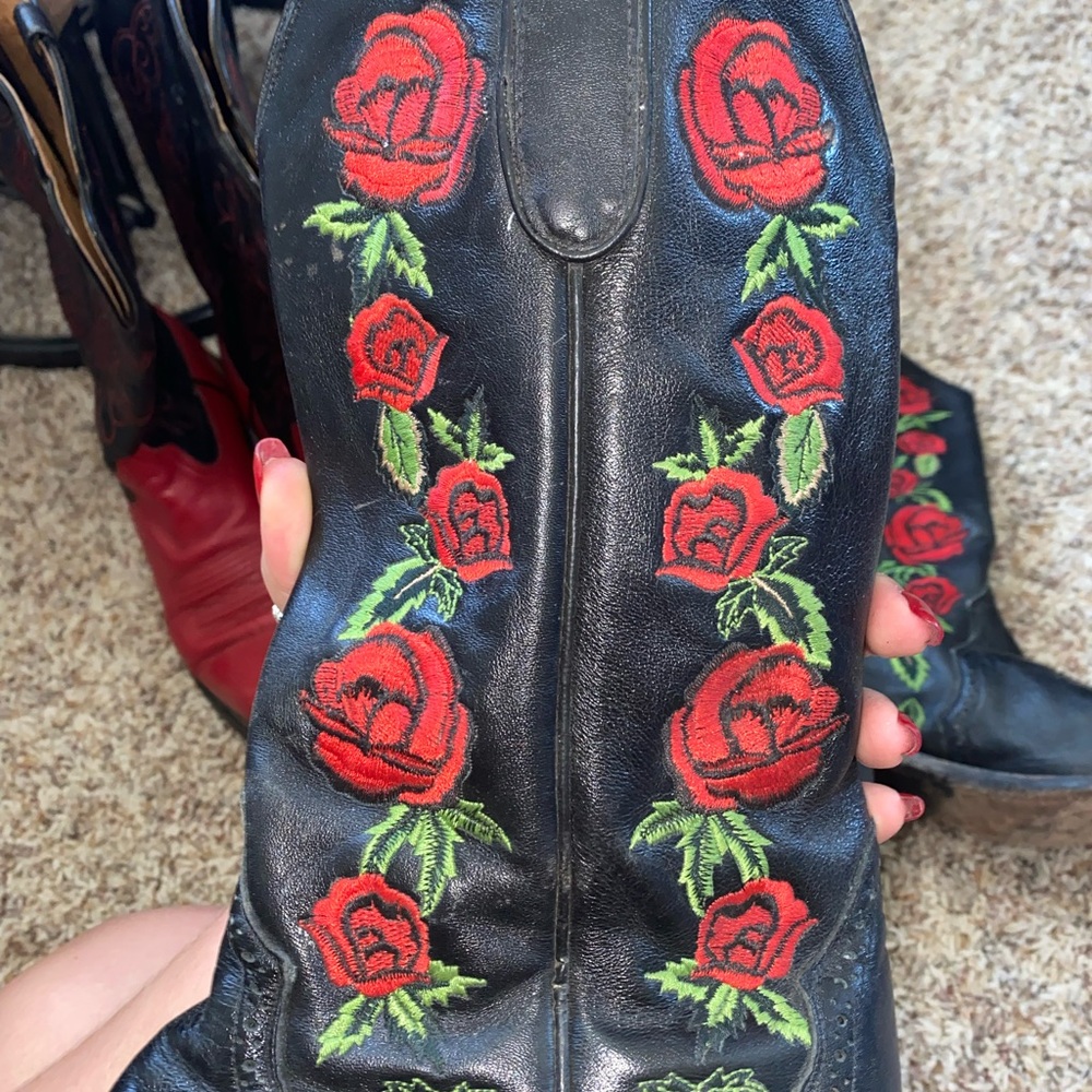 Dan Post Black and Red Heeled Boots with Floral Embroidery - Picture 2 of 4